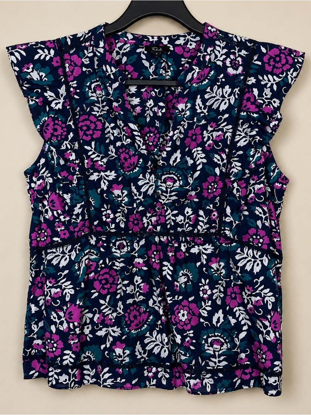 Rails Misha Top Woodblock Floral Flutter Sleeve V Neck Eyelet Size XS - Picture 3 of 10
